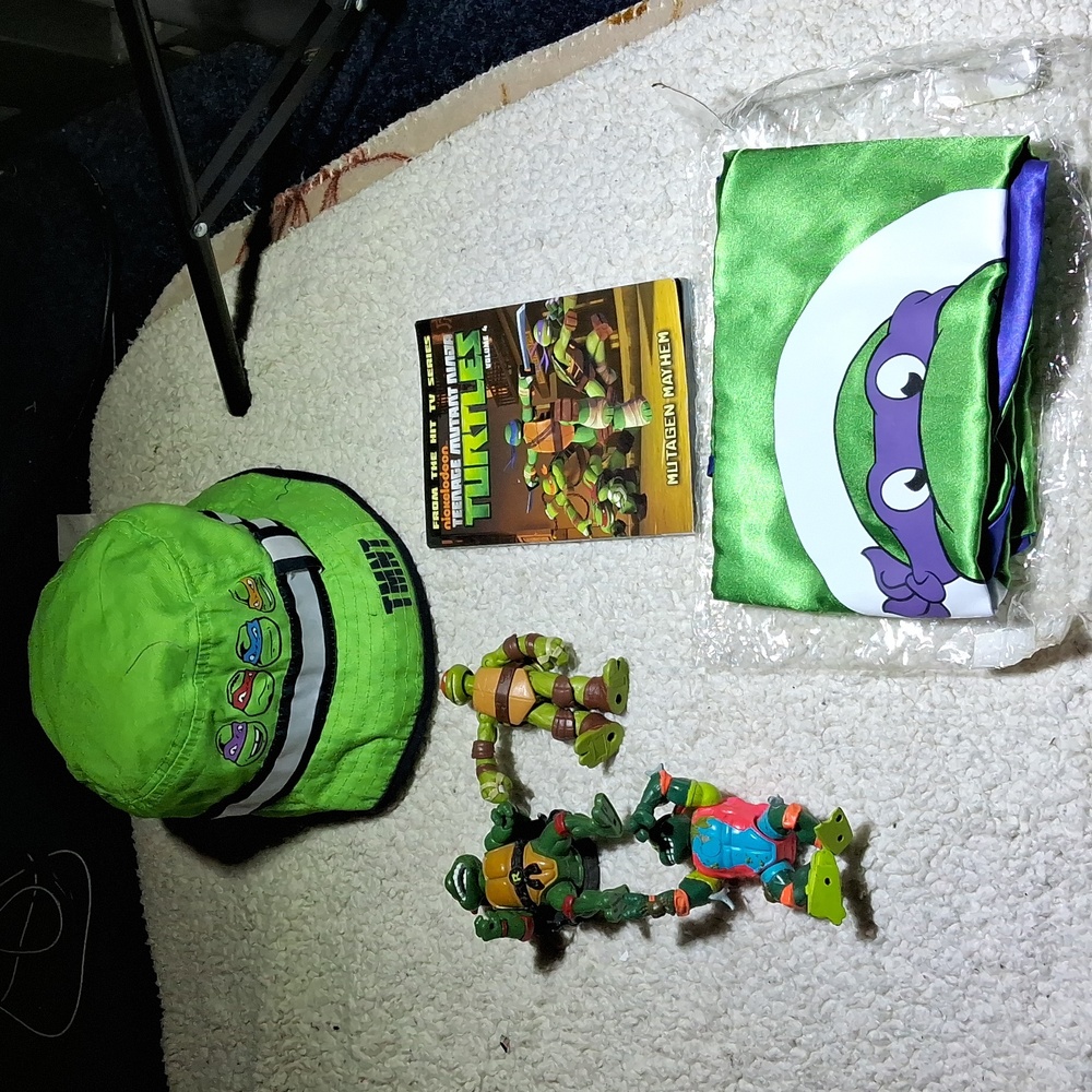 Teenage Mutant Ninja Turtles cape, 3 preloved 4" posable figures, hat & book